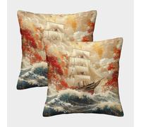MEFESE Vintage Sailing Ship Print 3D Printed Pillow Cover Set of 2 Microfiber Cushion Cover Pillowcase Ocean Scene for Sofa Bedroom Adults 50x50cm