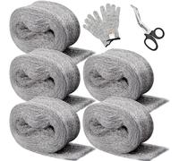 Meff-Mluk 5 Pack 0000 Coarse Steel Wool Mice with Gloves, Scissor | 15 Meter Ultra-fine Wire Wool Gaps Blocker for Stop Rats Mice Insect Pest Rodent, Removing Paint, Varnish, Rust (3m/Roll) x5