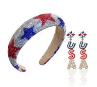 MEFINESHOW 4th of July Headband & Patriotic Earrings for Women Red White and Blue Accessories Wide Crystal Rhinestone American Flag Hair Headband for Independence Day Pride Accessories