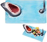 mefocou Shark Sushi Plate - Hand-Painted Ceramic Food Serving Tray with Soy Sauce Holder and Chopstick Rest -Microwave/Oven/Freezer/Dishwasher Safe - IdealGift for Sushi Enthusiasts!