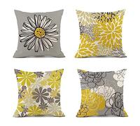 Mefooge Cushion Covers 30x30cm Set of 4 Yellow Grey Decorative Throw Pillow Covers Linen Square Cushion Covers Double Sided Cushion Covers for Farmhouse Living Room Sofa Pillow Cases