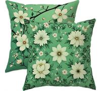 Mefooge Cushion Covers 50x50cm Set of 2 Decorative Square Throw Pillow Case Geometric Pattern Design Green Waterproof Linen Pillowcase Double-side Printed Cushions for Sofa Bed Home Decor B334
