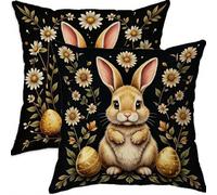 Mefooge Spring Cushion Covers 35x35cm Set of 2 Easter Square Decorative Throw Pillow Case Black Waterproof Linen Pillowcase Double-side Printed Cushions for Sofa Bed Home Patio Holiday Decor F586