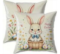 Mefooge Spring Cushion Covers 35x35cm Set of 2 Easter Square Decorative Throw Pillow Case Rabbit Waterproof Velvet Pillowcase Double-side Printed Cushions for Sofa Bed Home Patio Holiday Decor F747