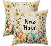 Mefooge Spring Cushion Covers 45x45cm Set of 2 Easter Square Decorative Throw Pillow Case Flower Waterproof Linen Pillowcase Double-side Printed Cushions for Sofa Bed Home Patio Holiday Decor F741