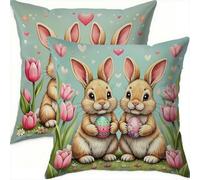 Mefooge Spring Cushion Covers 50x50cm Set of 2 Easter Square Decorative Throw Pillow Case Rabbit Waterproof Velvet Pillowcase Double-side Printed Cushions for Sofa Bed Home Patio Holiday Decor F620