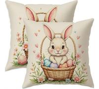 Mefooge Spring Cushion Covers 60x60cm Set of 2 Easter Square Decorative Throw Pillow Case Rabbit Waterproof Linen Pillowcase Double-side Printed Cushions for Sofa Bed Home Patio Holiday Decor F738