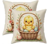 Mefooge Spring Cushion Covers 60x60cm Set of 2 Easter Square Decorative Throw Pillow Case Yellow Waterproof Linen Pillowcase Double-side Printed Cushions for Sofa Bed Home Patio Holiday Decor F762