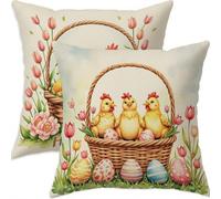 Mefooge Spring Cushion Covers 60x60cm Set of 2 Easter Square Decorative Throw Pillow Case Yellow Waterproof Linen Pillowcase Double-side Printed Cushions for Sofa Bed Home Patio Holiday Decor F705