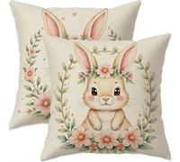Mefooge Spring Cushion Covers 65x65cm Set of 2 Easter Square Decorative Throw Pillow Case Rabbit Waterproof Linen Pillowcase Double-side Printed Cushions for Sofa Bed Home Patio Holiday Decor F703