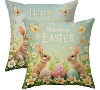 Mefooge Spring Cushion Covers 70x70cm Set of 2 Easter Square Decorative Throw Pillow Case Rabbit Waterproof Linen Pillowcase Double-side Printed Cushions for Sofa Bed Home Patio Holiday Decor F742