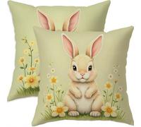 Mefooge Spring Cushion Covers 75x75cm Set of 2 Easter Square Decorative Throw Pillow Case Rabbit Waterproof Linen Pillowcase Double-side Printed Cushions for Sofa Bed Home Patio Holiday Decor F674