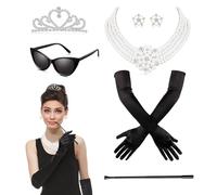 mefound 1920s Accessories for Women Costume Set With Vintage Sunglasses Pearl Dangle Pendant Necklace Earrings Rhinestone Crown