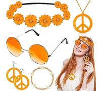 mefound 6 Pcs Hippie Costume Accessories Set,60s 70s Hippy Dressing Accessory Women Supplies Fancy Glasses Peace Sign Necklace Earrings wristband and Hippie Headband
