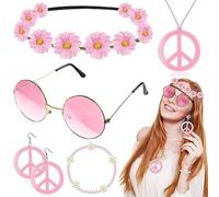 mefound 6 Pcs Hippie Costume Accessories Set,60s 70s Hippy Dressing Accessory Women Supplies Fancy Glasses Peace Sign Necklace Earrings wristband and Hippie Headband