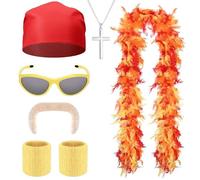 mefound 6 Pcs hulk hogan Wrestler costume Kit Include Feather Boa Kerchief Moustache Bracers Glasses and Necklace for Men Halloween Stag Party