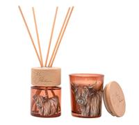 Meg Hawkins Mini Candle & Diffuser Set - Highland Cow Apple Orchard Scent - Gift Box with Watercolour Wildlife Design - Cosy Home Fragrance Gift