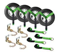 Mega Cargo Control 2" x 10' (4 Set) Wheel Lift D Ring Lasso Strap w/ (4) 2" Ratchet, (4) Chain Extension, (4) Lasso Winch Sleeve Protector - (Gift) | Ratcheting Tow Truck & Hauling (Green)