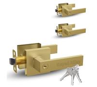 Mega Handles ROBELL Entry, Lever Door Handle and Single Cylinder Deadbolt Lock and Key Combo Pack, Heavy Duty Square Locking Door Levers Set - Satin Brass (3 Pack) Keyed Alike