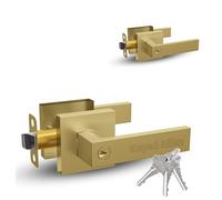 Mega Handles ROBELL Entry, Lever Door Handle and Single Cylinder Deadbolt Lock and Key Combo Pack, Heavy Duty Square Locking Door Levers Set - Satin Brass (2 Pack) Keyed Alike