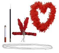 Mega_Jumble 1920's Red Flapper Kit Charleston Headband Feather Boa Peaarl Beads Necklace Cigarette Holder with Fake Cigarette -White Red Black 20's Gatsby Gangster Mobster Fancy Dress Accessories(Red)