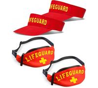Mega_Jumble 2x Lifeguard Costume Accessories Set - 2 Red Sun Visors & 2 Fanny Belt Bags - Adult Fancy Dress Outfit for Couples, Beach Party, Baywatch Theme & Summer Events