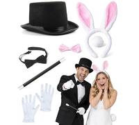 Mega_Jumble 7 Pcs Couple Magician Costume Set for Adults Top Hat, Magic Wand, White Gloves, Black Bow Tie, Bunny Ears, Tail & Bow tie Cosplay Halloween Book Week Party Fancy Dress Outfit
