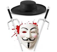 Mega_Jumble Adult Anonymous Hacker Guy Fawkes Costume Kit ~ V for Vendetta Mask, Hat & Twin Sais Dagger for Halloween Carnival Cosplay Fancy Dress Costume Accessory