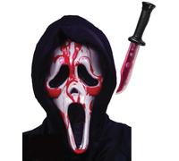 Mega_Jumble Adult Bleeding Ghost Scream Face Mask with Hood and Bloody Knife Prop Screamer Death Reaper Halloween Cosplay Scary Fancy Dress Accessory Set