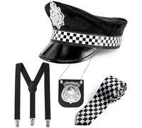 Mega_Jumble Adult British Police Officer Costume - Men’s Fancy Dress Uniform with Panda Hat, Clip-On Badge, Suspenders & Check Tie - London Bobby Cop Outfit