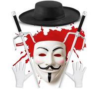 Mega_Jumble Adult Halloween Anonymous Guy Fawkes Hacker Fancy Dress Costume - V for Vendetta White Mask + Black Hat + Twin Sias Dagger + Gloves