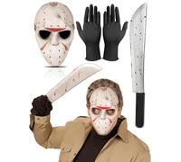 Mega_Jumble Adult Halloween Escape From 911 Jason Voorhees Killer Hockey Mask, Bloody Toy and Black Gloves | Horror Festival Scary Fancy Dress Costume Accessory