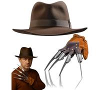 Mega_Jumble Adult Halloween Nightmare On Elm Street, Freddy Krueger Brown Hat & Claw Glove Horror Scary Fancy Dress Costume Accessory Set