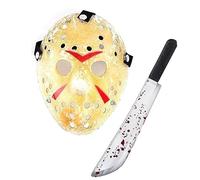 Mega_Jumble Adult Jason Hockey Mask with Bloody Machete Prop 2PCS Set - Scary Killer Jason Voorhees Mask Fancy Dress Costume for Halloween Party Cosplay Themed Events
