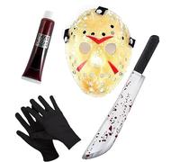 Mega_Jumble Adult Jason Voorhees Costume Set - Jason Hockey Mask, Gloves, Bloody Machete Prop & Fake Blood, Scary Killer Halloween, Cosplay, Masquerade, Creepy Party Accessories