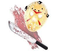 Mega_Jumble Adult Jason Voorhees Mask & Bloody Machete Props - Creepy Halloween Demon Killer Horror Scary Party Fancy Dress Costume (Jason Mask & Large Machete)