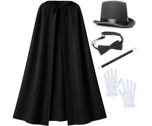 Mega_Jumble Adult Magician Fancy Dress Costume Accessory Set - Black Top Hat, Cape, Bowtie, Gloves and Magic Wand, Book Week Theme Party Magician Wizard Outfits