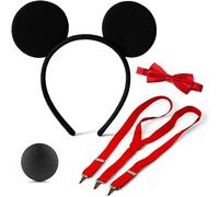 Mega_Jumble Adult Mickey Mouse 4 Piece Set - Blackmouse Ear Headband, Nose, Red Braces and Bow Tie | Men's Nightout, Fun Run, Theme Party Cosplay Fancy Dress Costume Kit