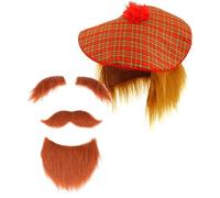Mega_Jumble Adult Scottish Red Tartan Hat with Ginger Hair, Eyebrows, Moustache and Beard Set - Funny Highland Burns Night Scots Fancy Dress Costume Accessory Set