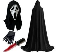 Mega_Jumble Adult Scream Costume 4 Pc Accessory Set Scary Ghost Mask, Hooded Cape, Gloves & Bloody Knife | Horror Costume for Halloween Killer Screamer Ghoul Mask Fancy Dress