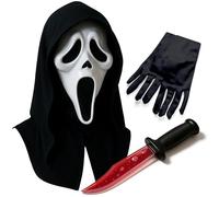 Mega_Jumble Adult Scream Ghost Face Mask with Bloody Knife & Gloves, Halloween Screamer Ghoul Creepy Scary Ghost Face Mask Fancy Dress Costume Accessory Set