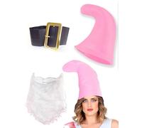 Mega_Jumble® Adult Seven Dwarf/Dwarves Smurf Hay Gnome 3 Piece Kit- PINK HAT, BEARD & BELT- Garden Fairy Tale Snow White Fantasy Movie Cartoon Character Fancy Dress