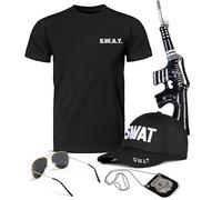 Mega_Jumble Adult SWAT Military Police Fancy Dress Costume Accessory Set - SWAT T-Shirt, Cap, Glasses, Badge and Inflatable Gun Theme Party Book Week SWAT Team Outfit (XL)