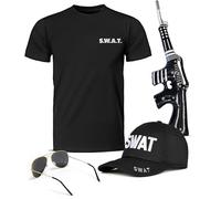 Mega_Jumble Adult SWAT Printed T-Shirt, Cap, Sunglasses and Inflatable Gun Tactical Military Secret Force Police Commando Halloween Theme Party Book Week Fancy Dress Outfits (S)