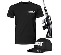 Mega_Jumble Adult Swat Team Police Outfit Accessory Set - SWAT Cap, T-Shirt and Inflatable Gun - Tactical Military Cop & Robber Theme Party Fancy Dress Costume (L)