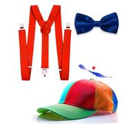 Mega_Jumble Adult Tweedle Dee and Tweedle Dum Costume Accessory Set - Helicopter Hat, Blue Bow Tie & Red Braces, Alice in Wonderland Book Week Theme Party Fancy Dress Kit (Style 1)