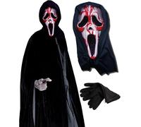 Mega_Jumble Adult Unisex Ghost Screamer Bleeding Mask with Hood + Black Gloves + Hooded Cape Halloween Horror Scary Fancy Dress Accessory 3 Piece Set