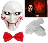 Mega_Jumble Adult Unisex Halloween Billy The Puppet Saw Terror Theme PVC Mask White Gloves & Red Bow Tie Crazy Killer Demon Chainsaw Massacre Cosplay Costume Accessories