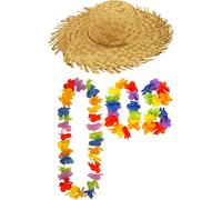 Mega_Jumble Adult Unisex Hula Hawaiian Tropical Summer BBQ Party Set -Beige Straw Beachcomber Hat 4 Pcs Lei Set Hawaiian Summer Beach Party Set