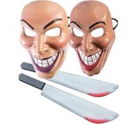 Mega_Jumble Adult Unisex The Smiling Killer Halloween Evil Grin Couple Face Design Mask and 2 Bloody Toy Props Set Horror Scary Cosplay Fancy Dress Accessory